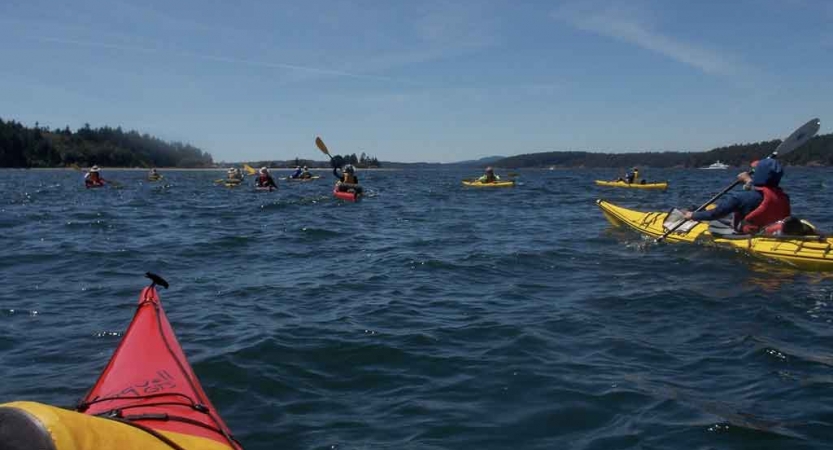 a group of kayakers paddle a large blue lake on a gap year expedition with outward bound